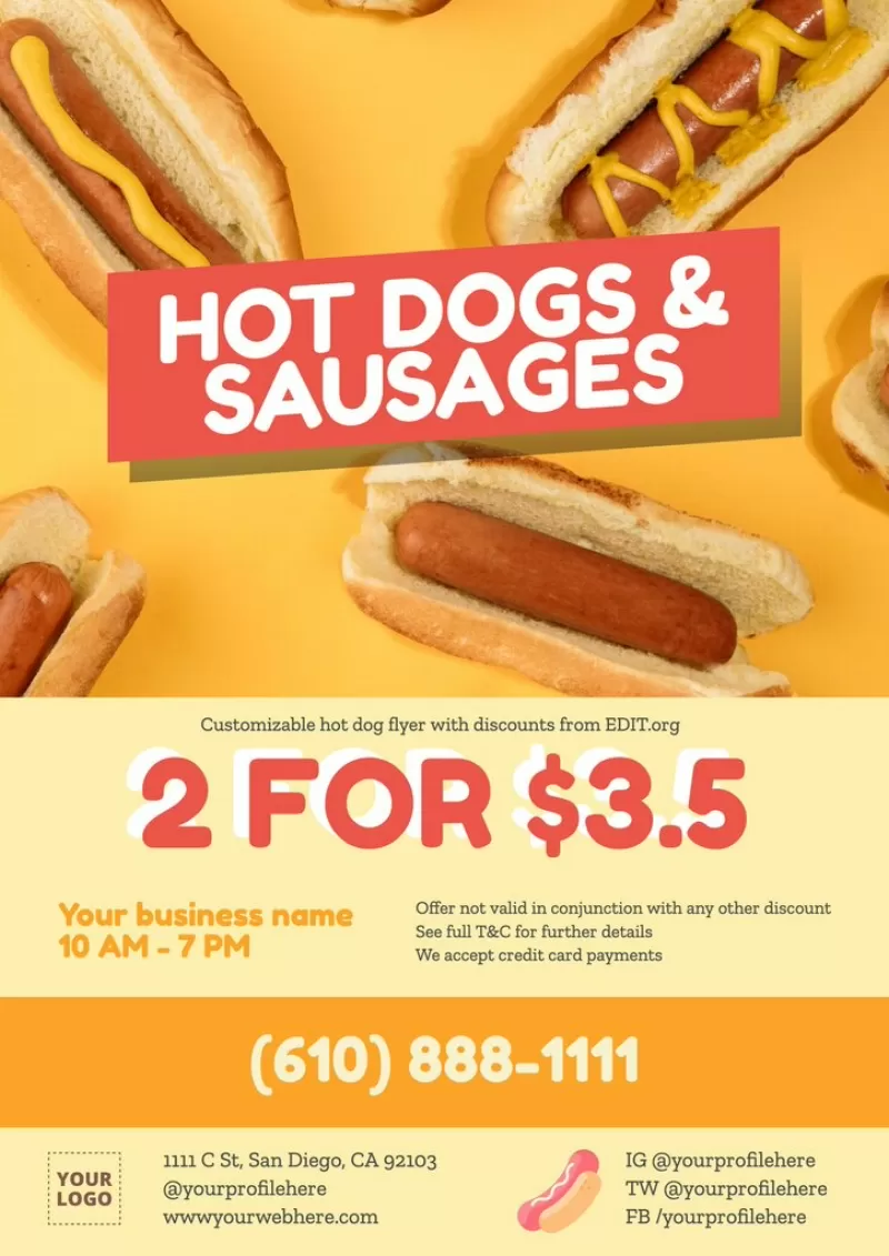 Aanpasbare hotdog flyers voor kortingen
