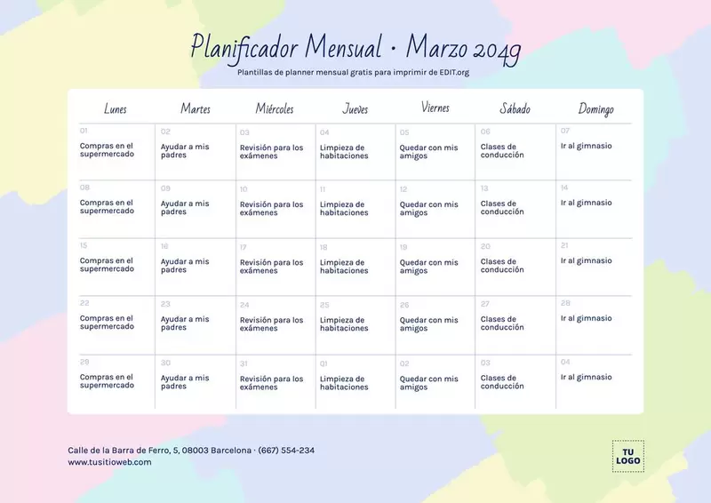 Plantilla calendario mensual personalizable online