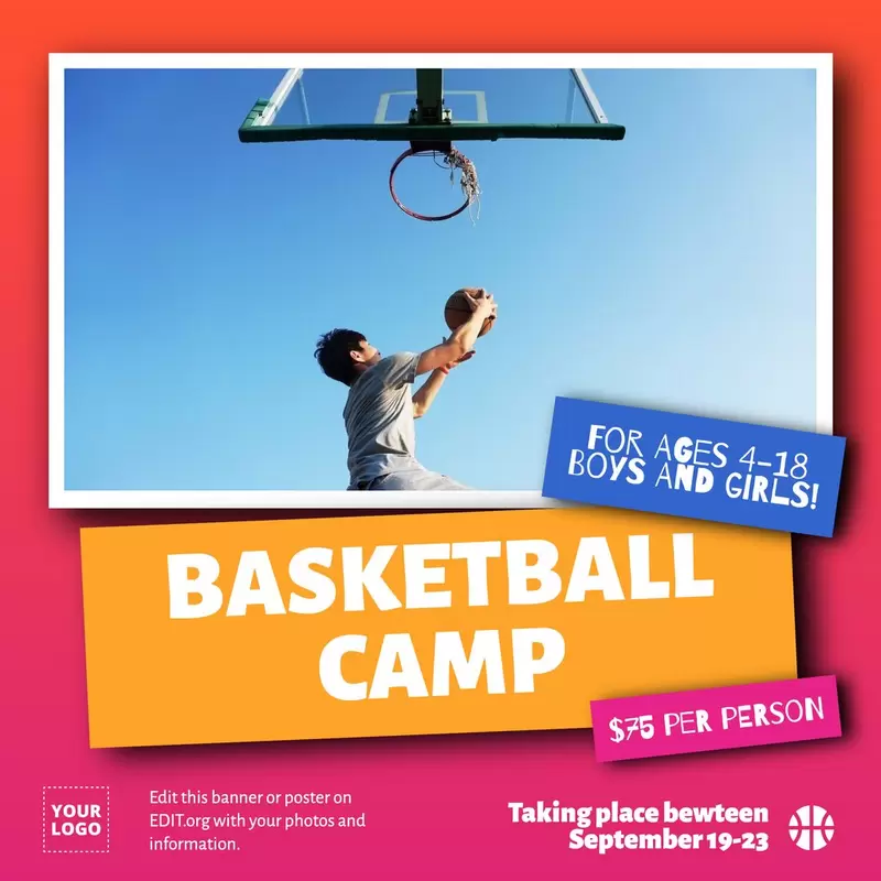 Editable ad to advertise basketball camp.