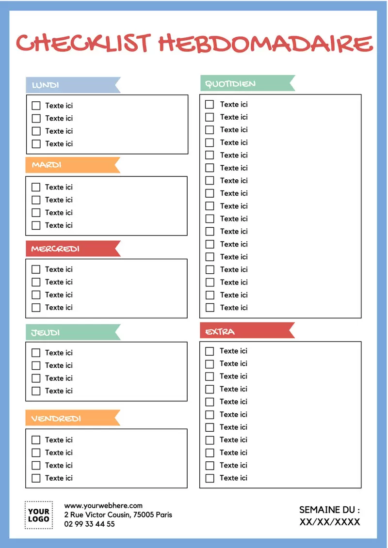 modèle simple éditable de checklist hebdomadaire avec touches de couleurs