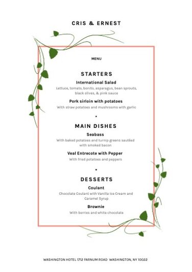 Wedding menu templates and cards