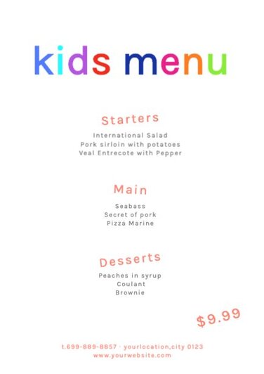 Kids menu templates for cafes and restaurants