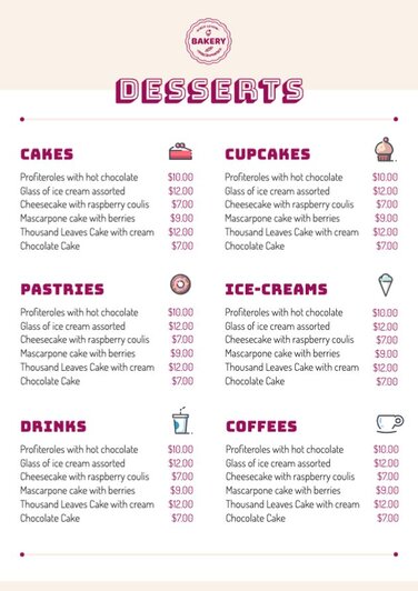 Dessert menu templates to edit online