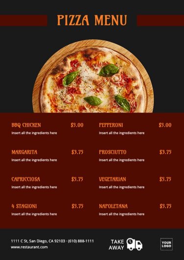 Online customizable pizza menu templates