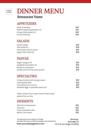 Free printable dinner menu templates