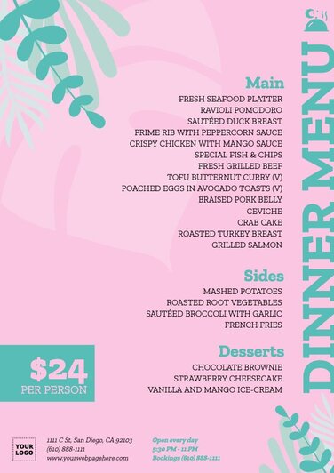 Free printable dinner menu templates