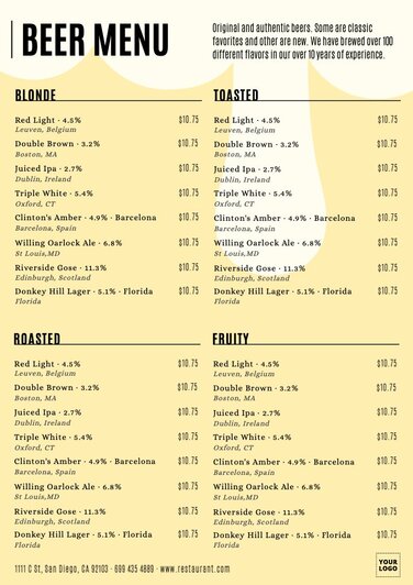 Modifier un modèle de carte des boissons