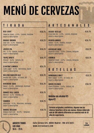 Edita un menú de cervezas