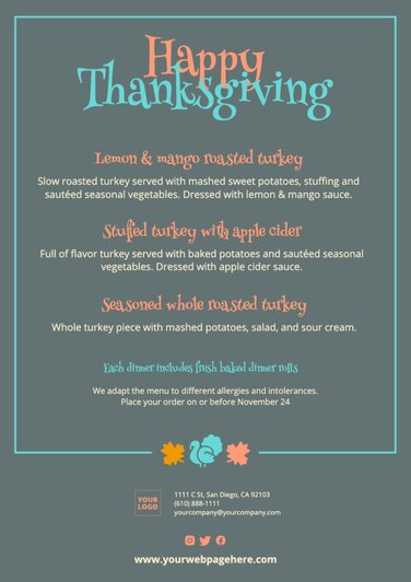 Free custom Thanksgiving menu templates