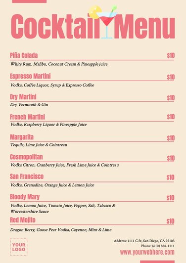 Customizable Drink Menu Templates