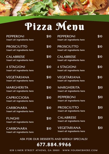 Online customizable pizza menu templates