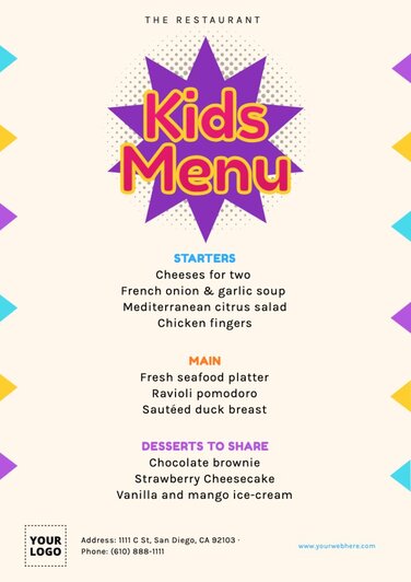 Kids menu templates for cafes and restaurants