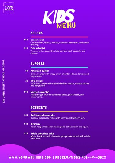 Kids menu templates for cafes and restaurants