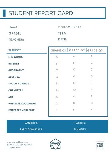 Customizable student report card templates