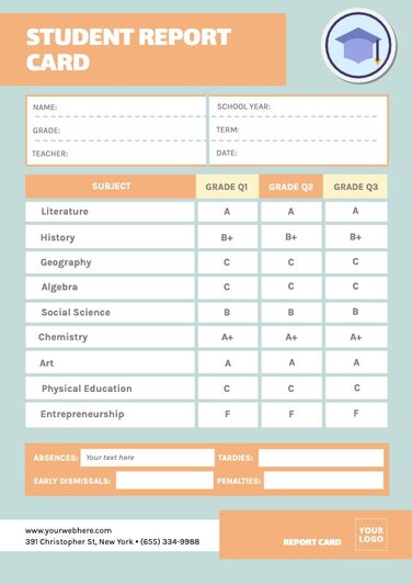 Customizable student report card templates