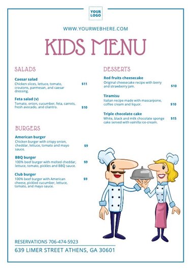 Kids menu templates for cafes and restaurants