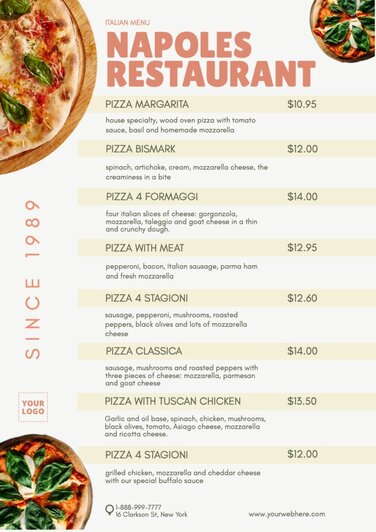 Modifier la mise en page d'un menu de restaurant italien