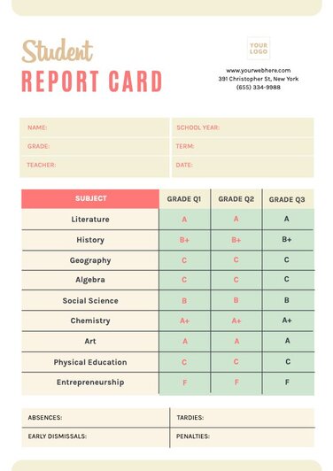 Customizable Student Report Card Templates