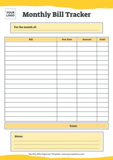 Free Monthly Bills Organizer Templates