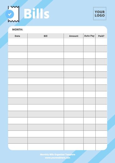 Free Monthly Bills Organizer Templates