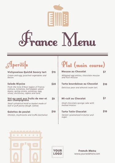 Französische Restaurant Menüvorlagen