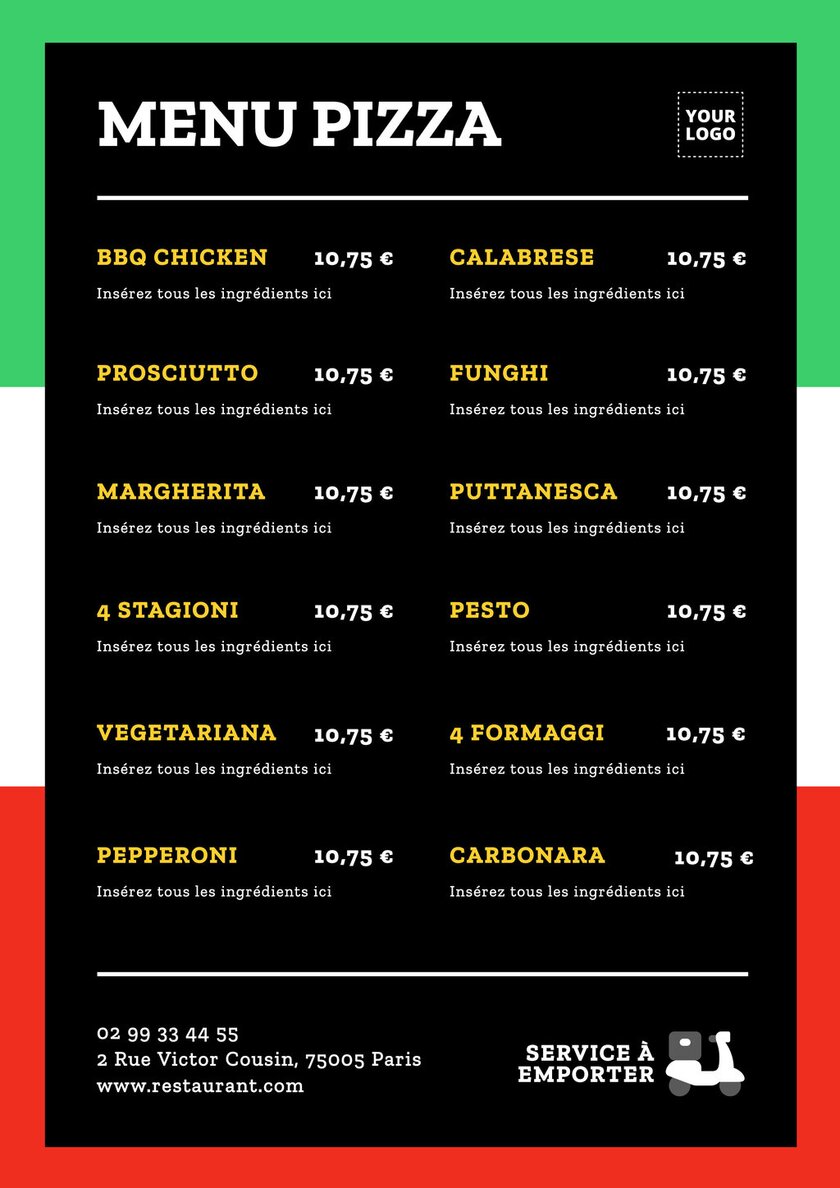 modèle de menu éditable noir de pizzas aux couleurs de l'italie