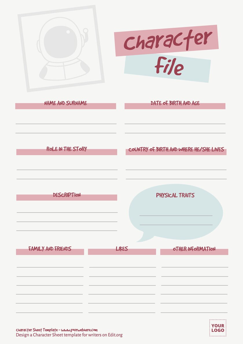 Printable character development sheet template for writers