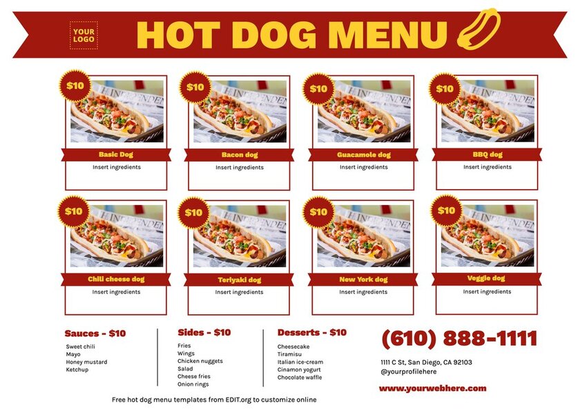 Horizontale menu's voor hotdogrestaurants