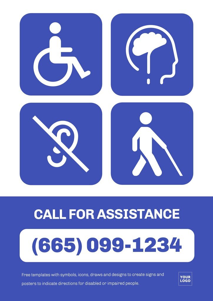 Bearbeitbare Vorlage Hinweisschild 'Call for assistance' (Hilferuf), für Menschen mit Behinderung