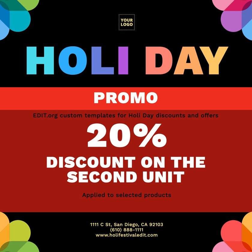 Editable templates with Holi greetings and discounts for businesses