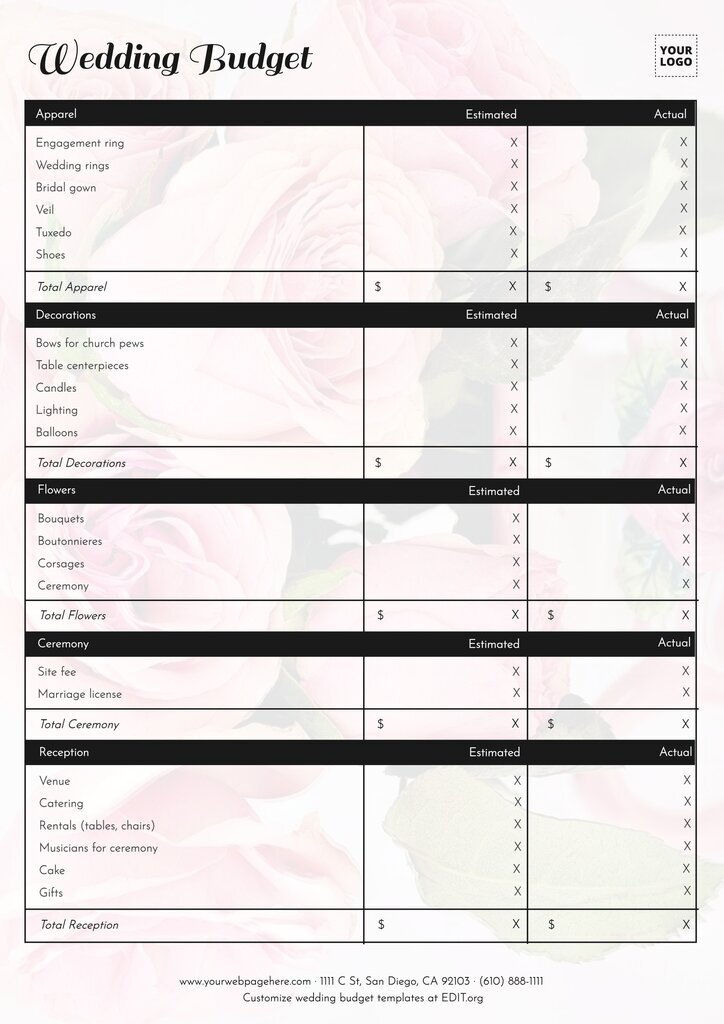 Budgets and wedding schedule templates