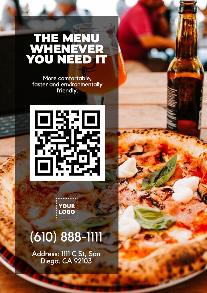 Modello di codice QR per ristoranti con menu con sfondo fotografico editabile