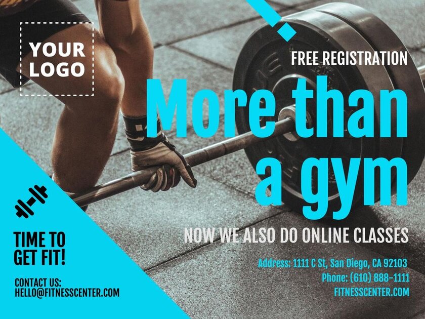 Template for gyms and fitness online, ready to edit. Blue version.