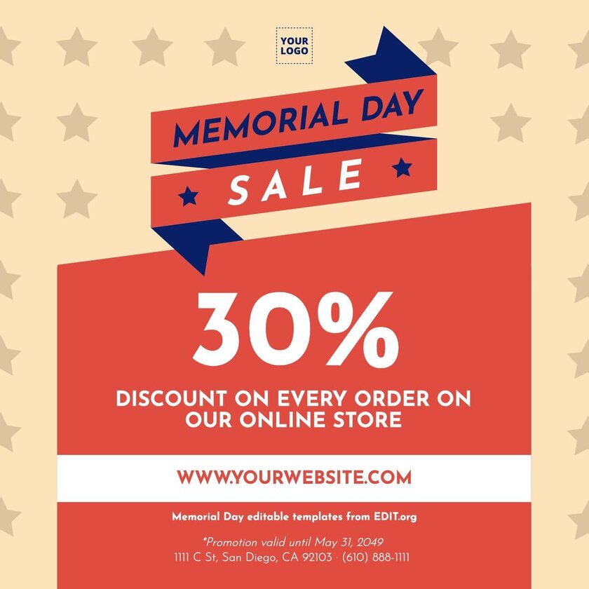 Customizable Memorial Day banner for sales & discounts