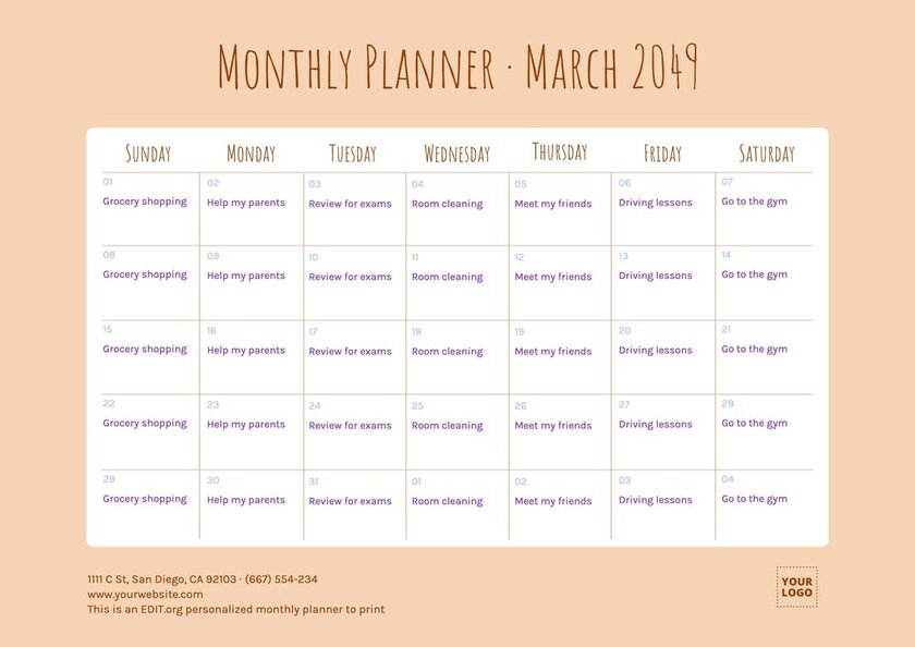 Modèle de calendrier mensuel à personnaliser