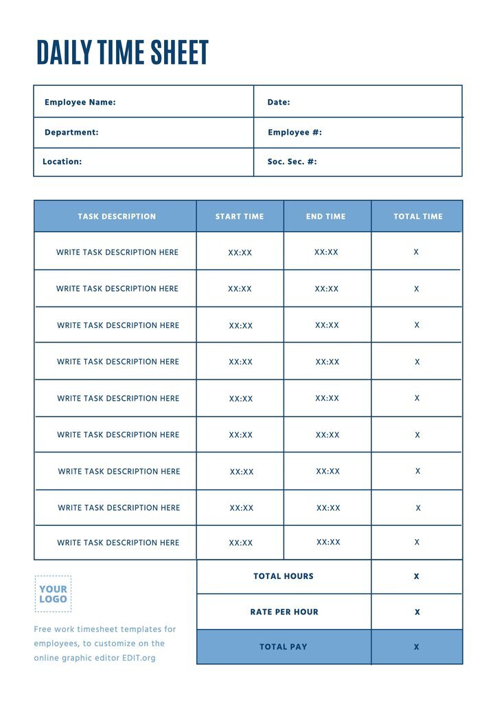 Daily timesheet template to register the employees work hours and overtime