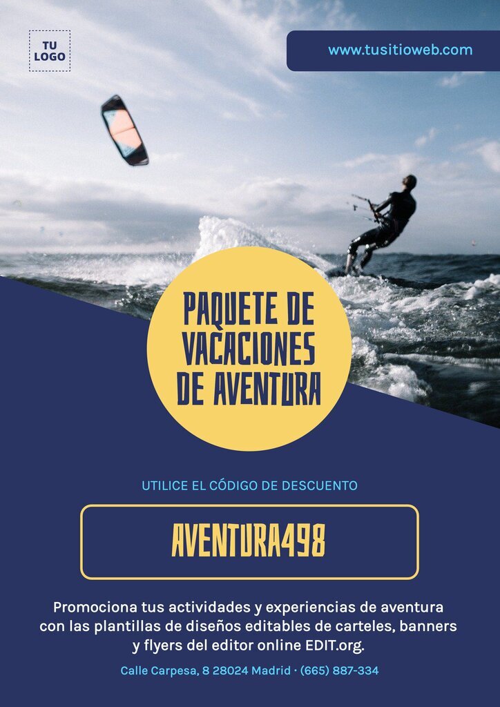 Cartaz editável para divulgar kitesurf e atividades de aventura