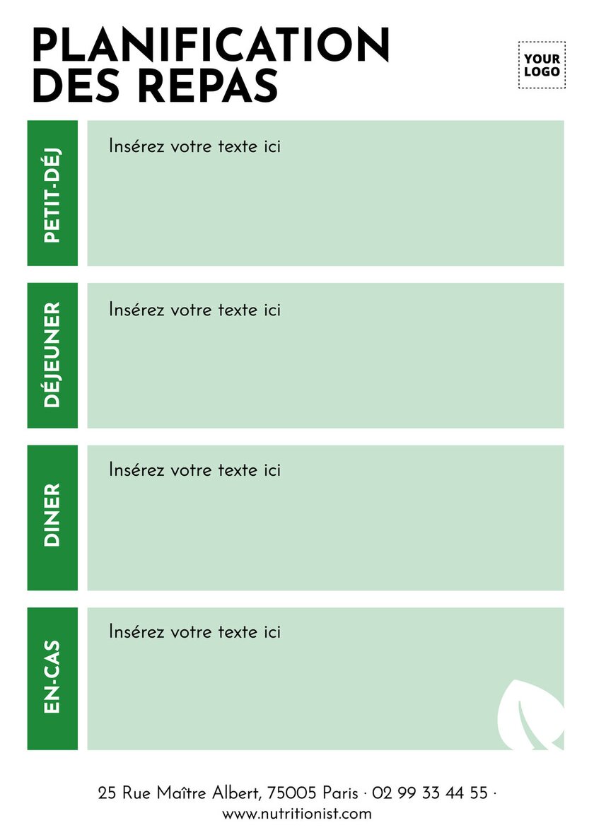 modèle éditable blanc et vert pour un planning de repas