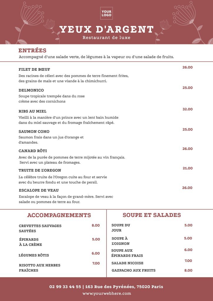 modèle de menu rouge et blanc pour un restaurant chic et élégant éditable en ligne