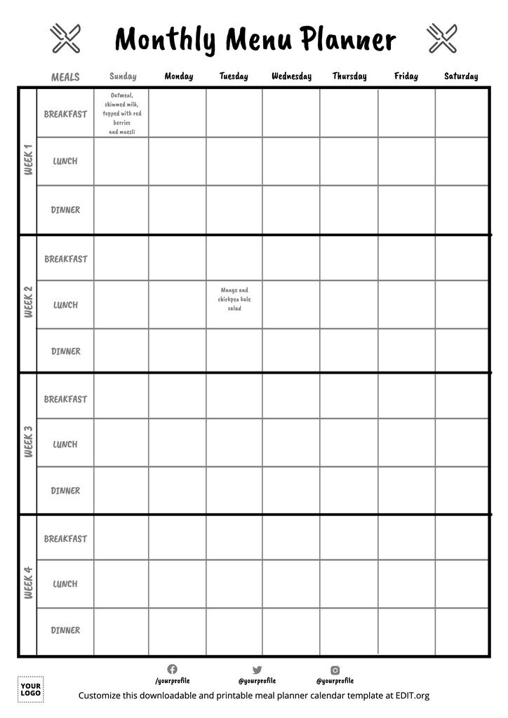 Blank Monthly Menu Template