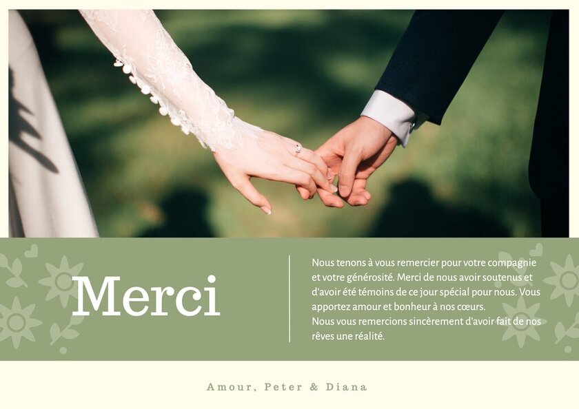 carte remerciement mode paysage verte de mariage avec photo et phrase editable