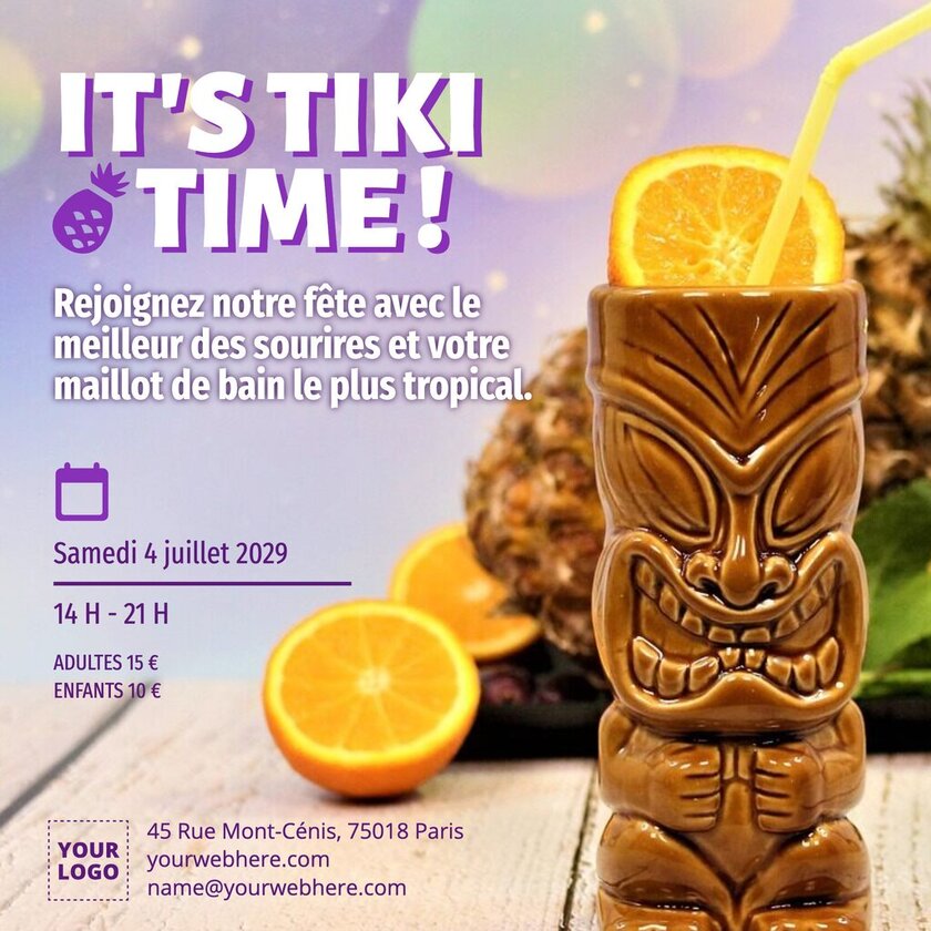 Poster pour fête tiki avec slogan et toteme en forme de cocktail