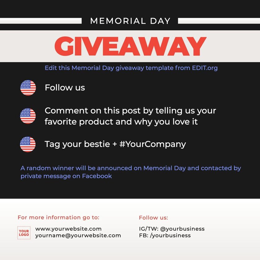 Memorial Day giveaway template to customize online