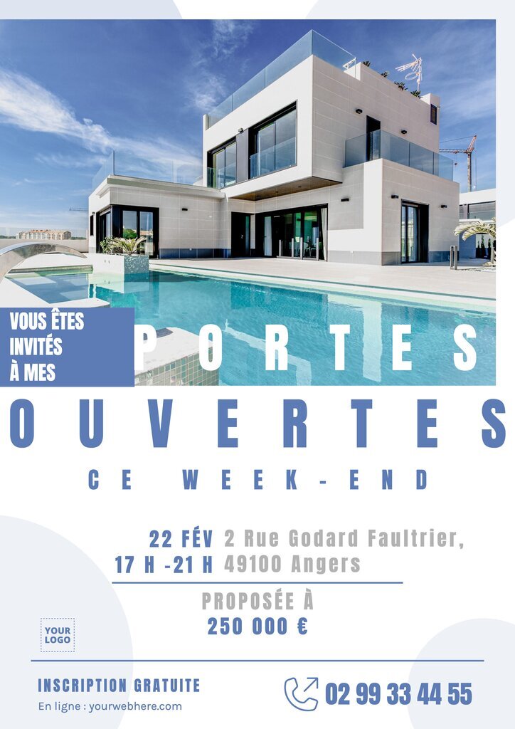 Poster bleu et blanc pour portes ouvertes avec photo de maison très moderne avec piscine