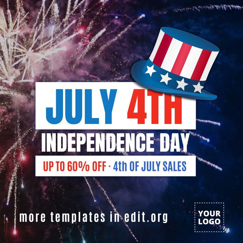 Modello con fuochi d'artificio per il Giorno dell'Indipendenza negli Stati Uniti pronto per la modifica e la stampa