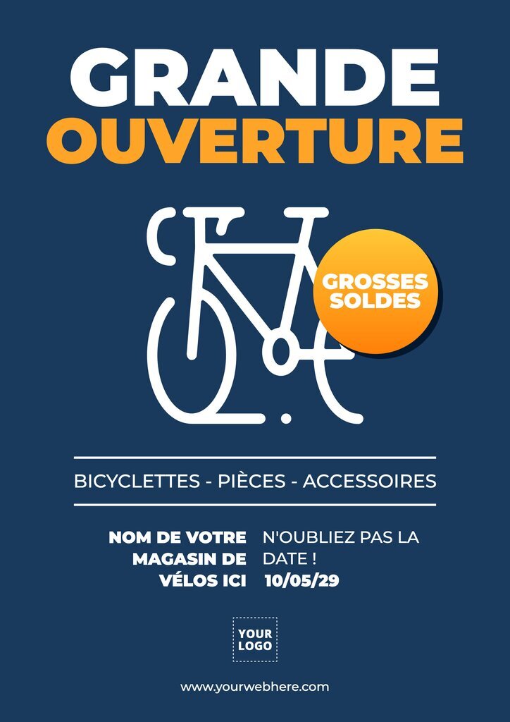 Design d'une affiche bleue pour la grande ouverture d'un magasin de vélo 