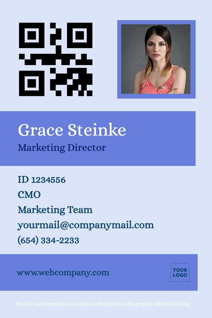 Free ID card template for identification of personal, to edit online with QR and print