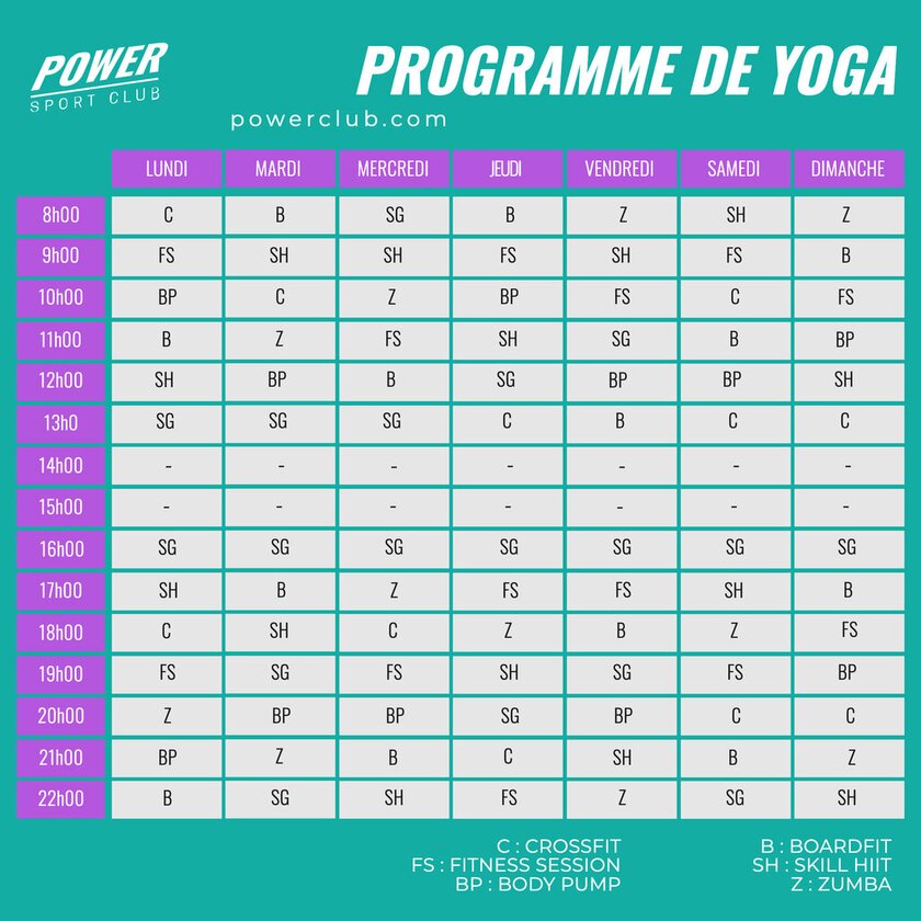 modèle éditable bleu et violet de programme de yoga avec dates et activités