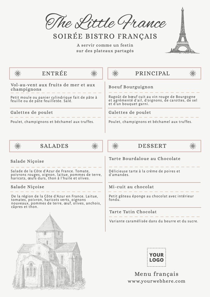 Carte de menu français grise personnalisable avec plats pour bistro 