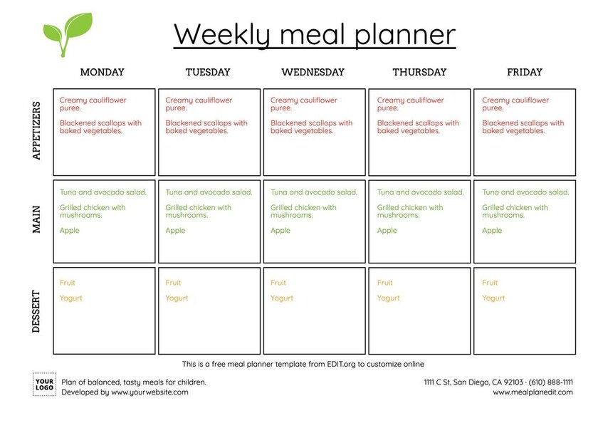 online editable weekly meal planners